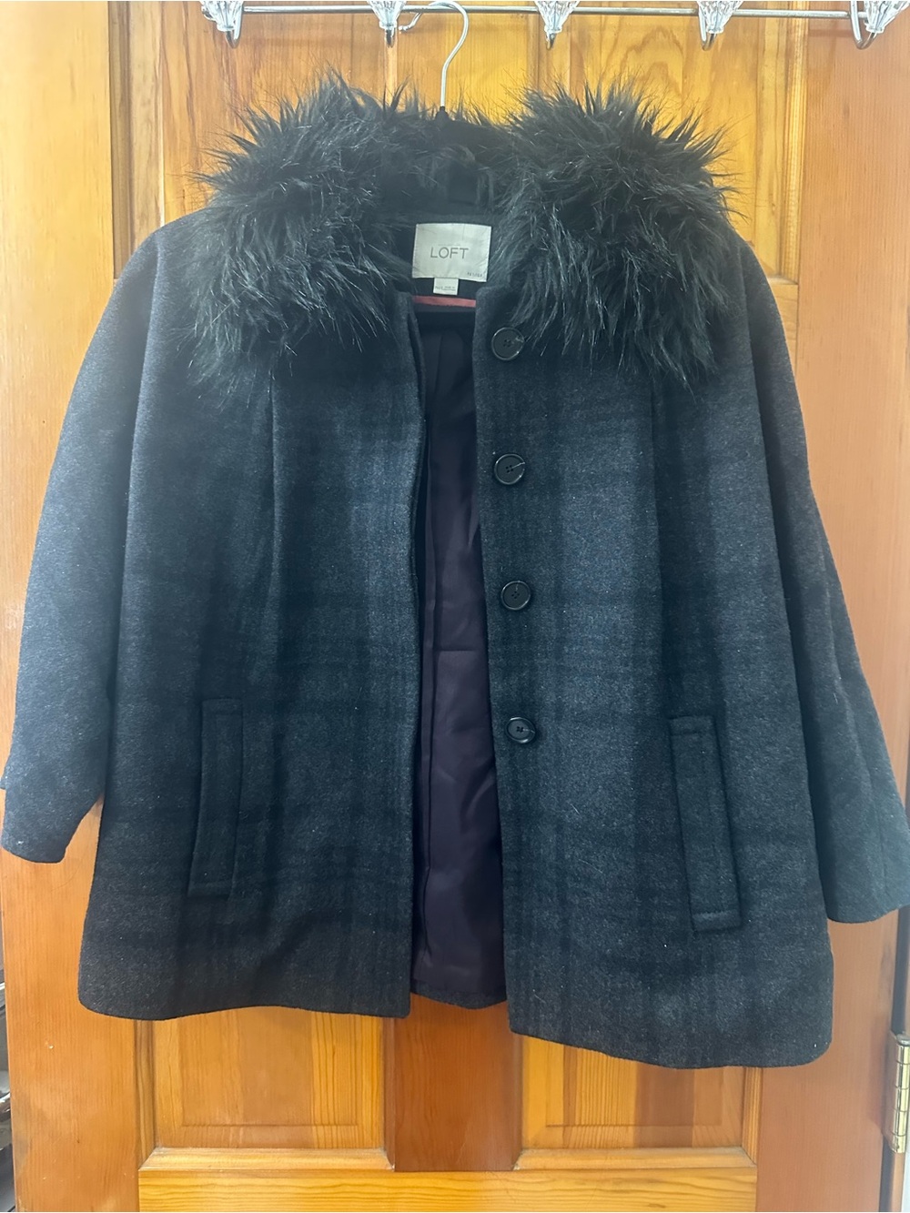 LOFT Black Wool-Blend Pea Coat with Faux Fur Collar